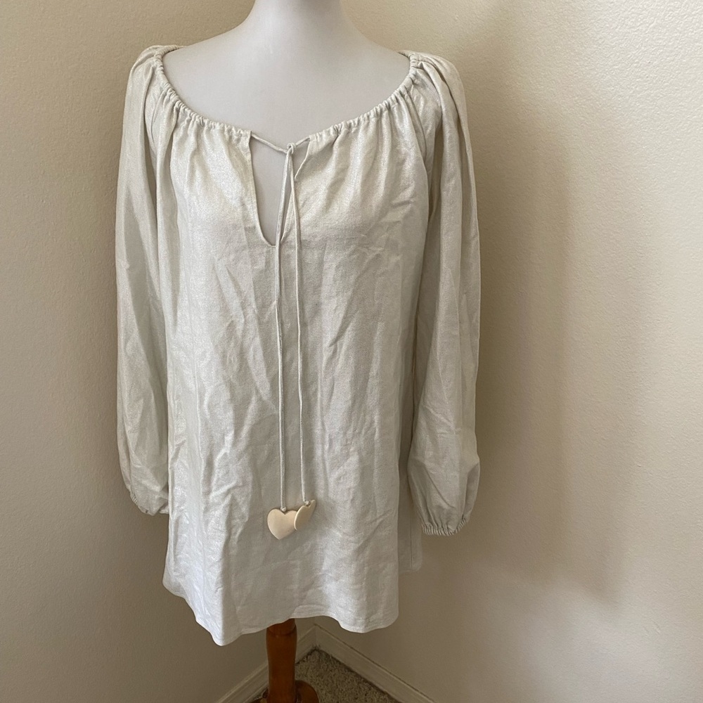 Samantha Treacy Women’s Linen Shirt Dress Cream Metallic Size 4 Puff Sleeve Mini